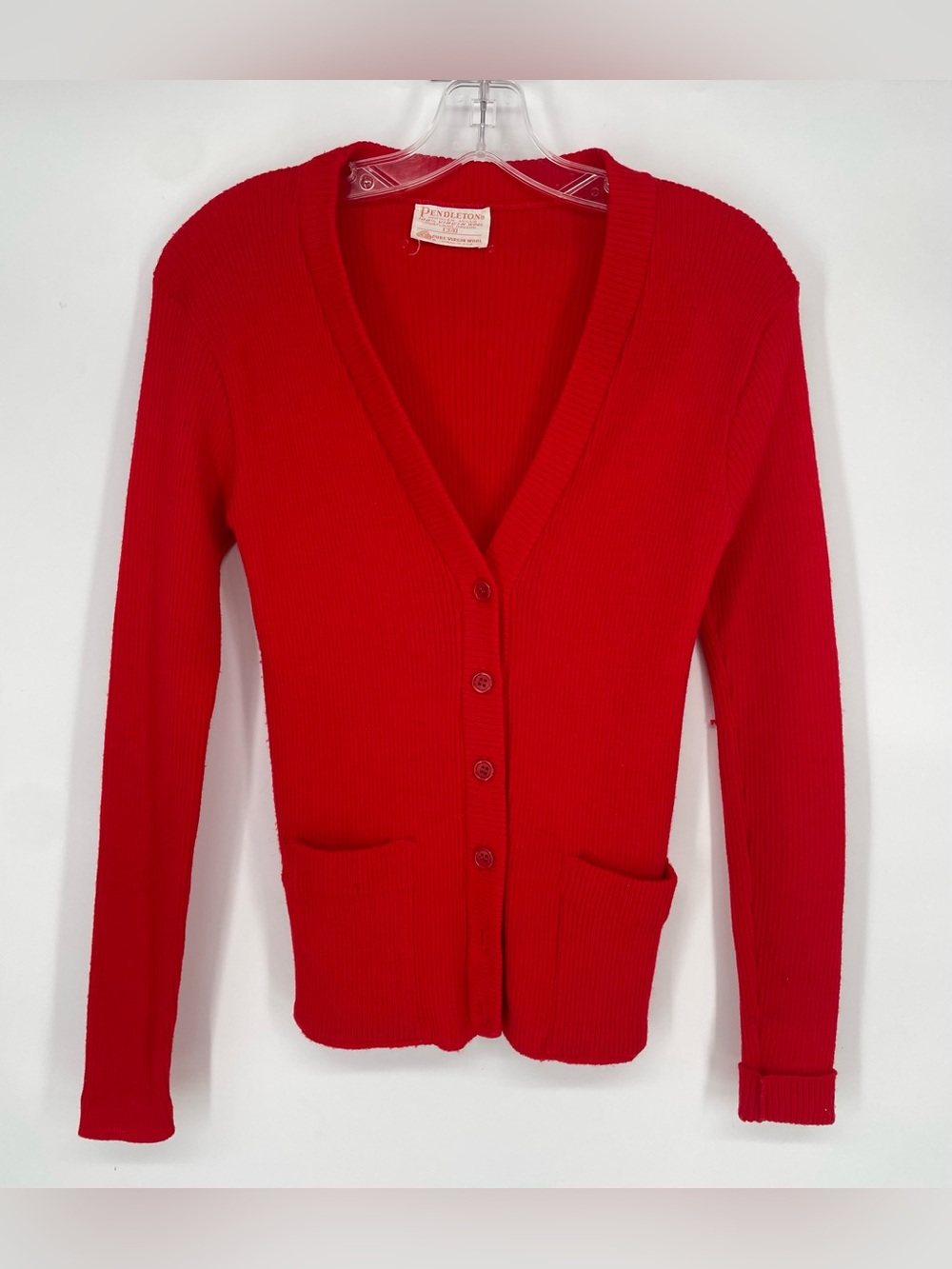Vintage Pendleton Red Ribbed Knit Preppy V-neck Classic Wool Cardigan Sweater